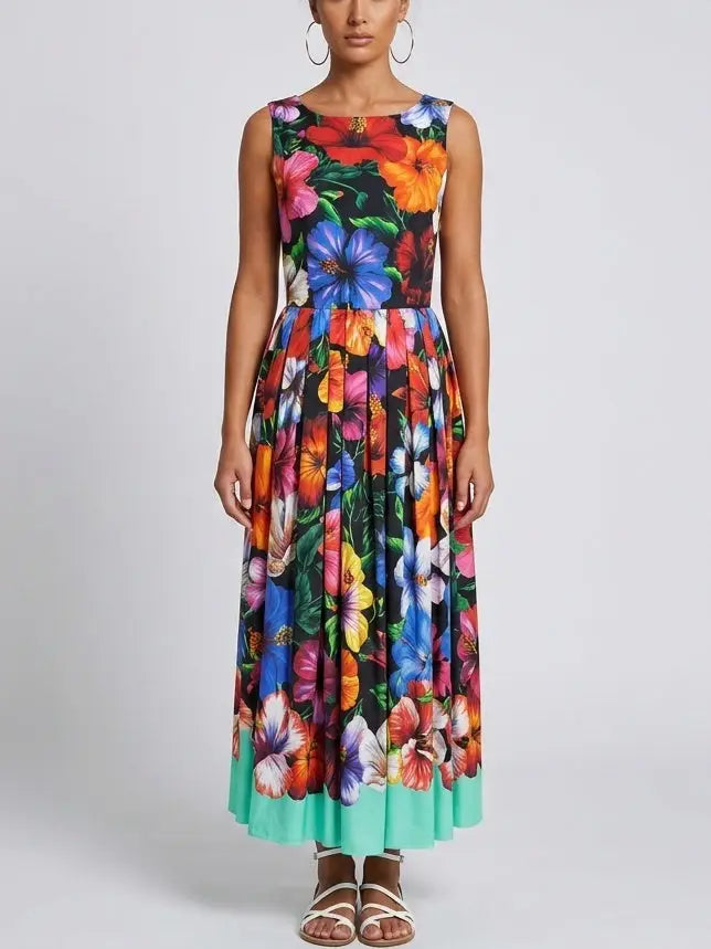 Multicolor Floral Cotton Pleated Dress - S - Dresses