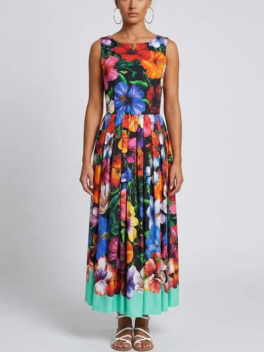Multicolor Floral Cotton Pleated Dress - S - Dresses