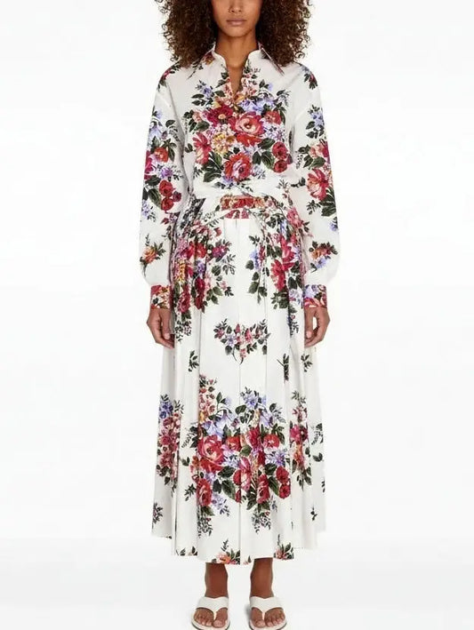 Multicolor Floral Cropped Shirt & Pleated Skirt Set - S - Suits & Sets