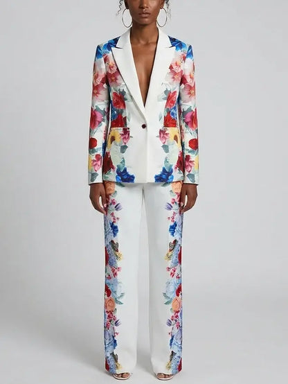 Multicolor Floral Print Blazer and Pants Set - S - Suits & Sets
