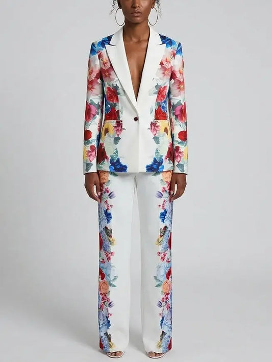 Multicolor Floral Print Blazer and Pants Set - S - Suits & Sets