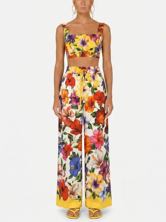 Multicolor Floral Silk Crop Top and Wide Leg Pant Set - S - Suits & Sets