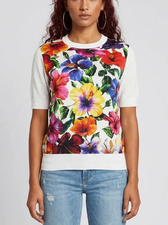 Multicolor Floral Silk Knit Top - S - Tops
