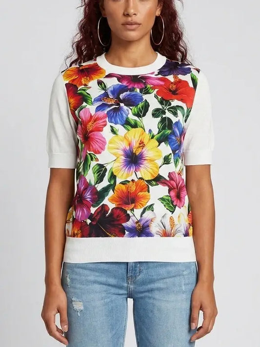 Multicolor Floral Silk Knit Top - S - Tops