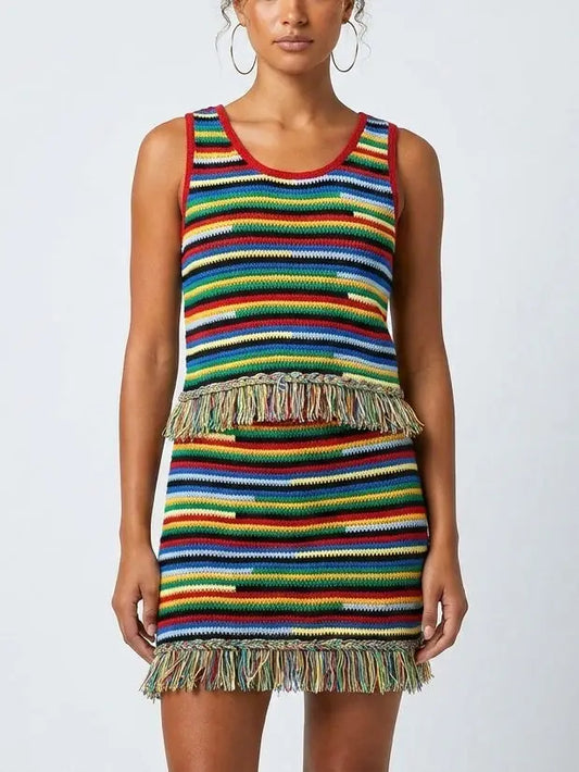 Multicolor Fringe Knit Tank Top and Skirt Set - Small - Suits & Sets