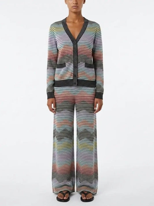 Multicolor Knit Cardigan and Wide Leg Pant Set - S - Suits & Sets