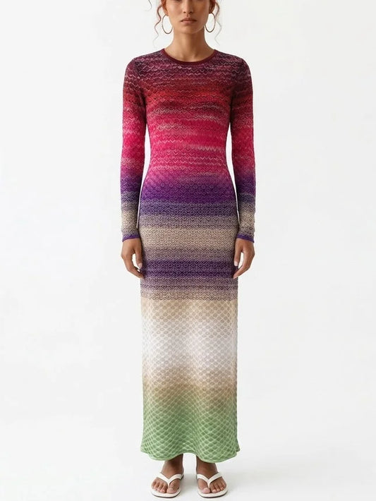 Multicolor Ombre Patterned Knit Maxi Dress - S - Dresses