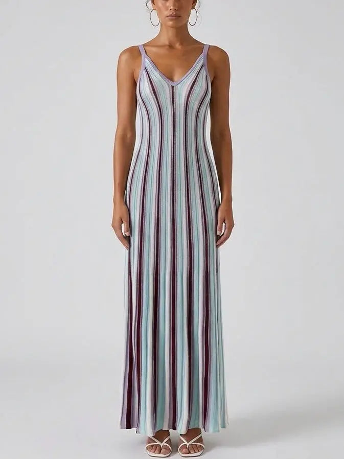Multicolor Stripe Knit Maxi Dress with V Neck - S - Dresses