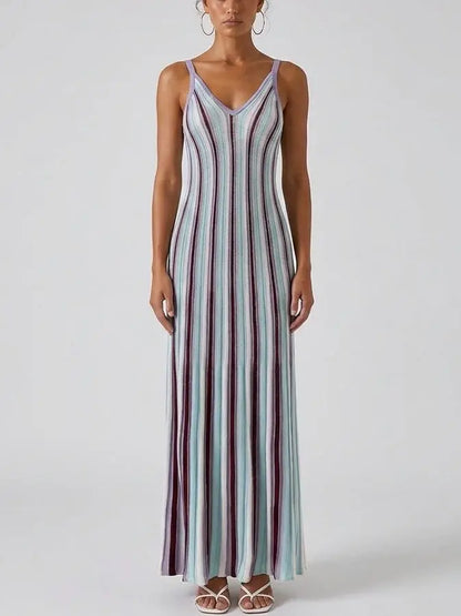 Multicolor Stripe Knit Maxi Dress with V Neck - S - Dresses