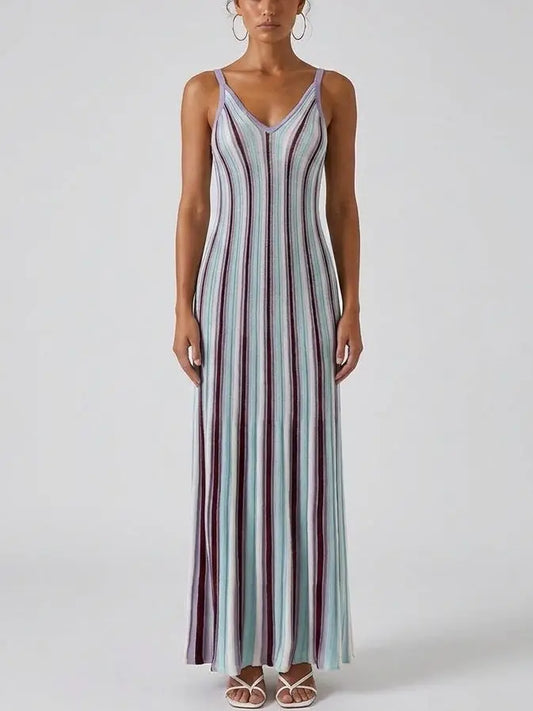 Multicolor Stripe Knit Maxi Dress with V Neck - S - Dresses