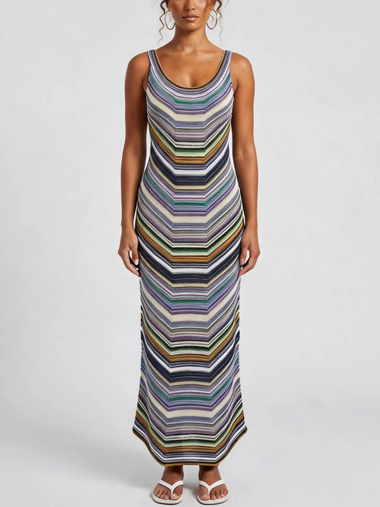 Multicolor Stripe Stretch Knit Maxi Dress - S - Dresses