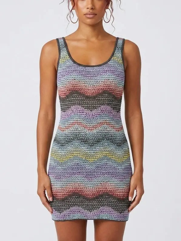 Multicolor Wave Knit Tank Mini Dress - S - Dresses