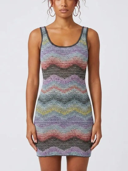 Multicolor Wave Knit Tank Mini Dress - S - Dresses