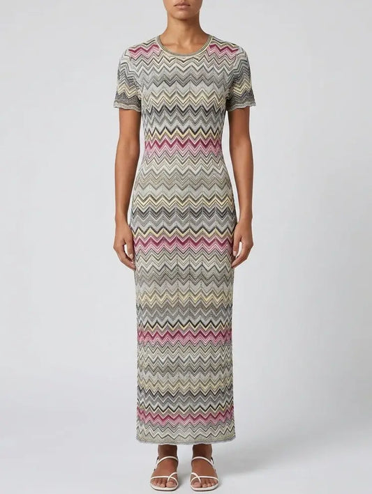 Multicolor Zig Zag Knit Maxi Dress with Short Sleeves - S - Dresses