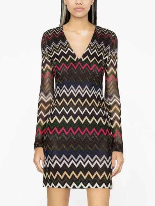 Multicolor Zig Zag Knit Metallic V-Neck Mini Dress Branna Couture