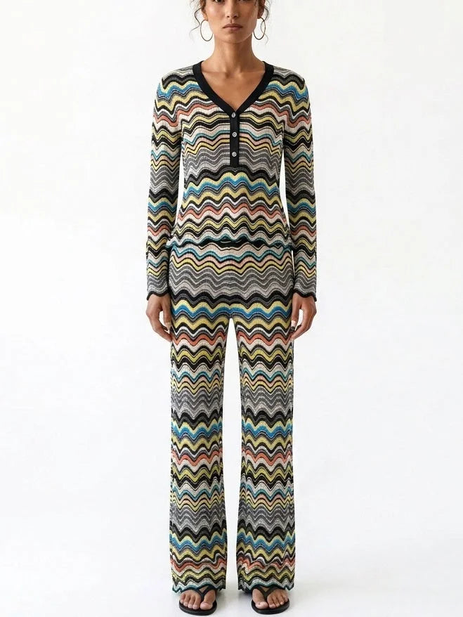 Multicolor Zigzag Knit Cardigan and Pants Set - S - Suits & Sets