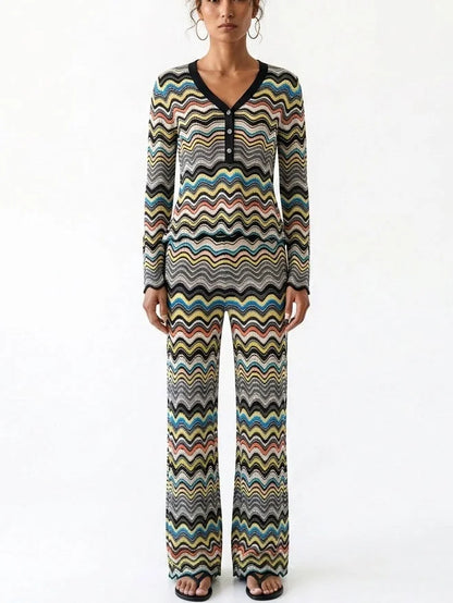 Multicolor Zigzag Knit Cardigan and Pants Set - S - Suits & Sets