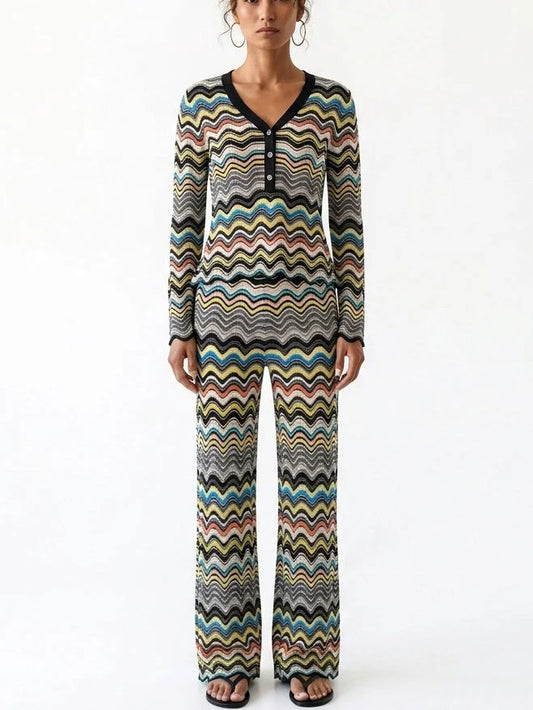 Multicolor Zigzag Knit Cardigan and Pants Set - S - Suits & Sets
