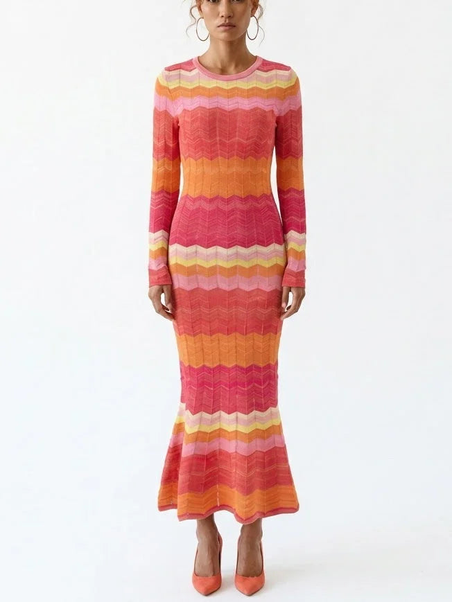 Multicolor Zigzag Knit Dress with Flared Hem - S - Dresses
