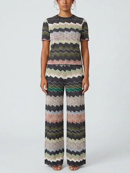 Multicolor Zigzag Knit Top and Wide Leg Pants Set - S - Suits & Sets