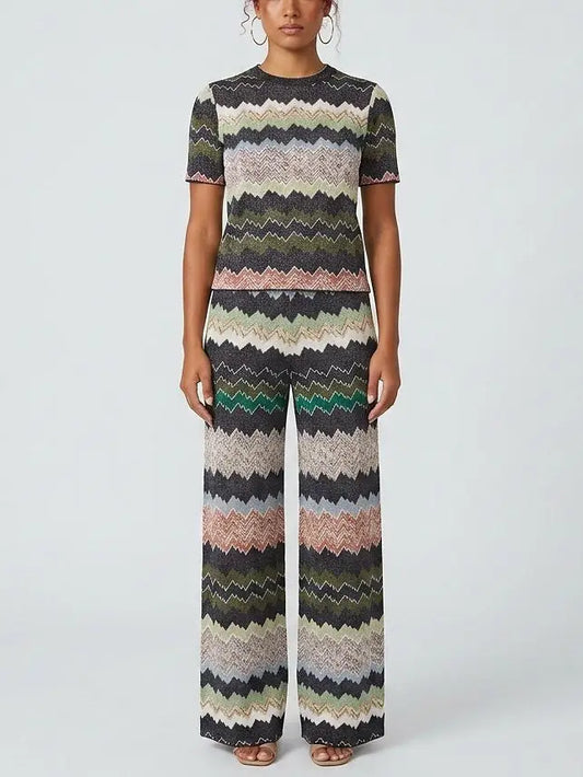 Multicolor Zigzag Knit Top and Wide Leg Pants Set - S - Suits & Sets