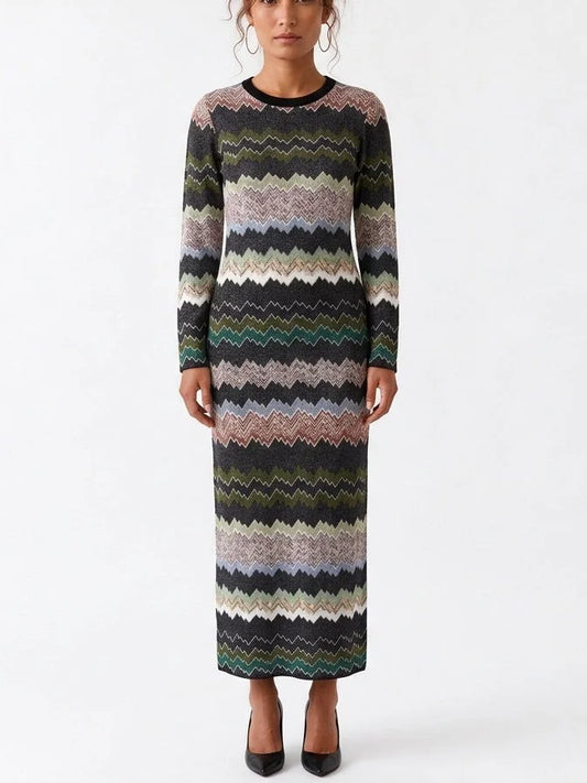 Multicolor Zigzag Stripe Long Sleeve Knit Maxi Dress - S - Dresses