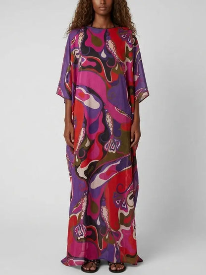 Multicolor Abstract Print Cotton Maxi Kaftan Dress - Dresses