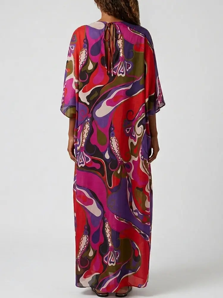 Multicolor Abstract Print Cotton Maxi Kaftan Dress - Dresses