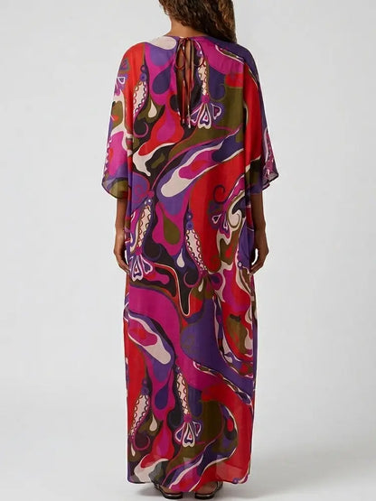 Multicolor Abstract Print Cotton Maxi Kaftan Dress - Dresses