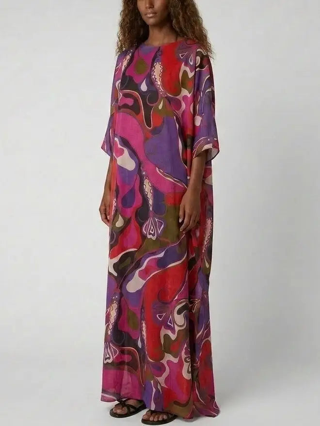 Multicolor Abstract Print Cotton Maxi Kaftan Dress - Dresses
