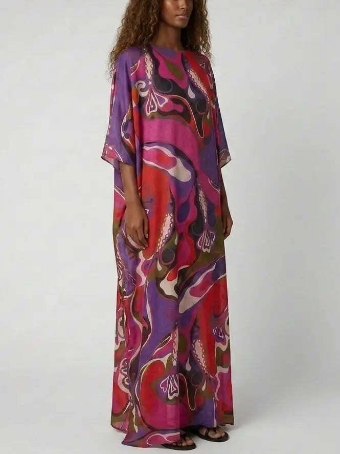 Multicolor Abstract Print Cotton Maxi Kaftan Dress - Dresses