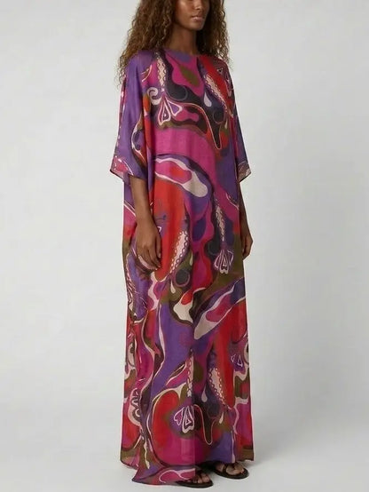 Multicolor Abstract Print Cotton Maxi Kaftan Dress - Dresses