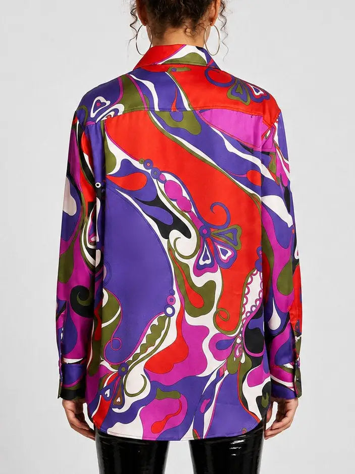 Multicolor Abstract Print Oversized Silk Shirt - Tops