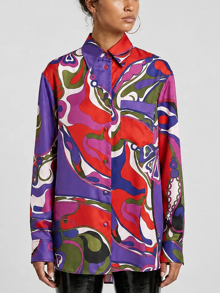 Multicolor Abstract Print Oversized Silk Shirt - Tops
