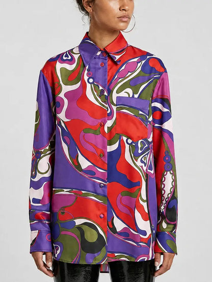Multicolor Abstract Print Oversized Silk Shirt - Tops
