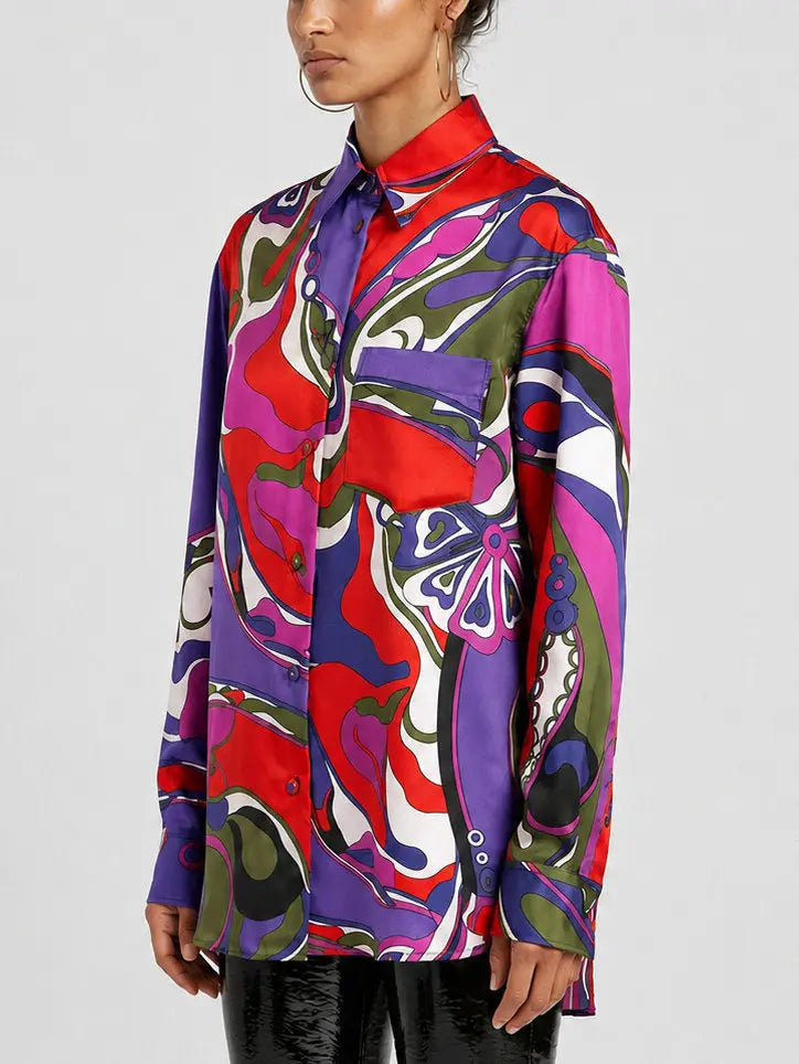 Multicolor Abstract Print Oversized Silk Shirt - Tops