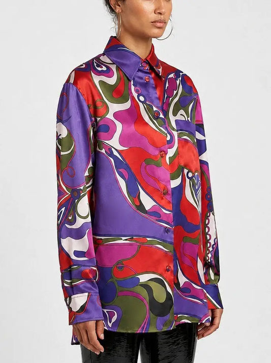 Multicolor Abstract Print Oversized Silk Shirt - Tops