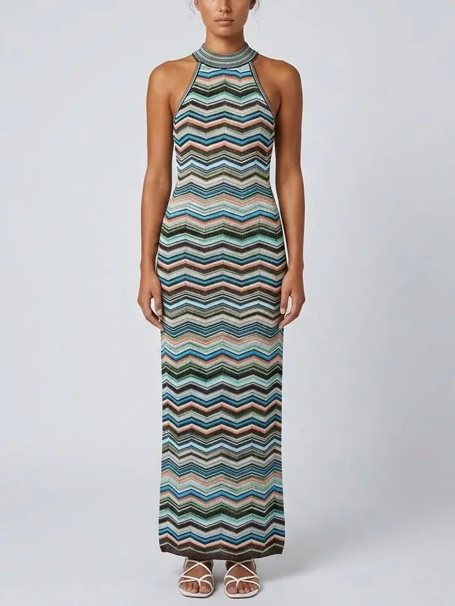 Multicolor Chevron Knit Halter Maxi Dress - Dresses