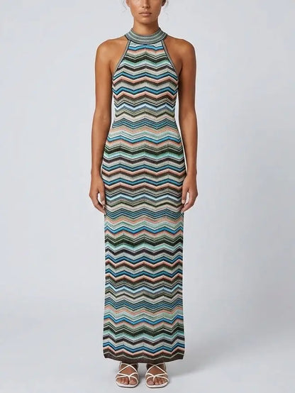 Multicolor Chevron Knit Halter Maxi Dress - Dresses