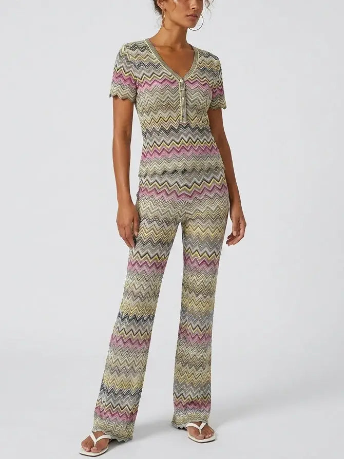 Multicolor Chevron Knit Top and Pant Set - Suits & Sets