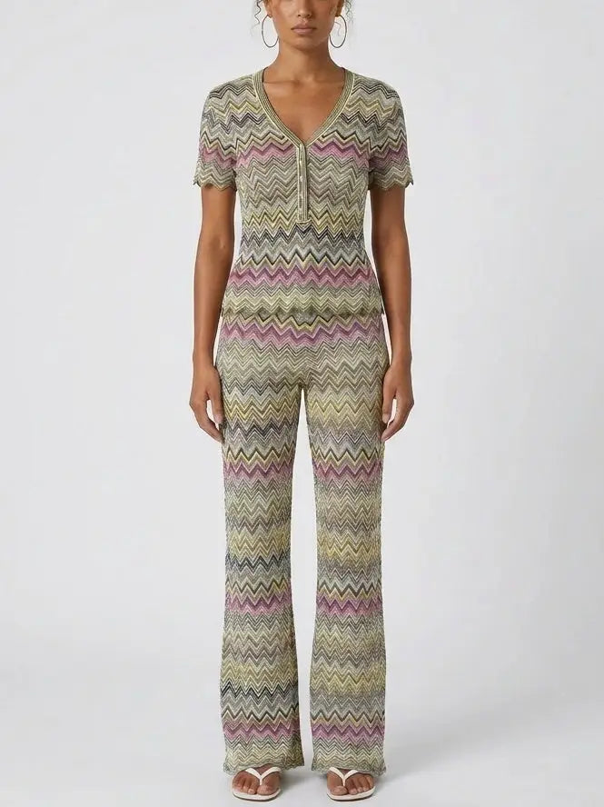 Multicolor Chevron Knit Top and Pant Set - Suits & Sets