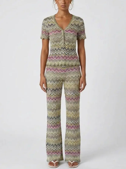 Multicolor Chevron Knit Top and Pant Set - Suits & Sets