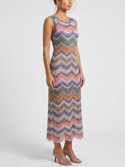 Multicolor Lamé Striped Knit Halter Mini Dress - Dresses