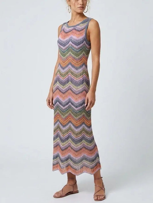 Multicolor Lamé Striped Knit Halter Mini Dress - Dresses