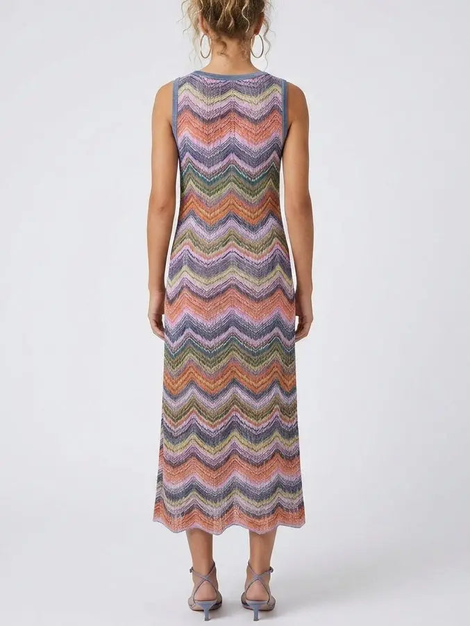 Multicolor Lamé Striped Knit Halter Mini Dress - Dresses