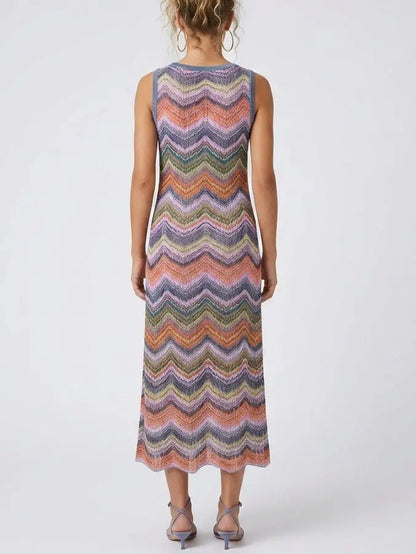 Multicolor Lamé Striped Knit Halter Mini Dress - Dresses
