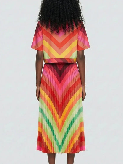 Multicolor Chevron Top & Pleated Skirt Set - Suits & Sets