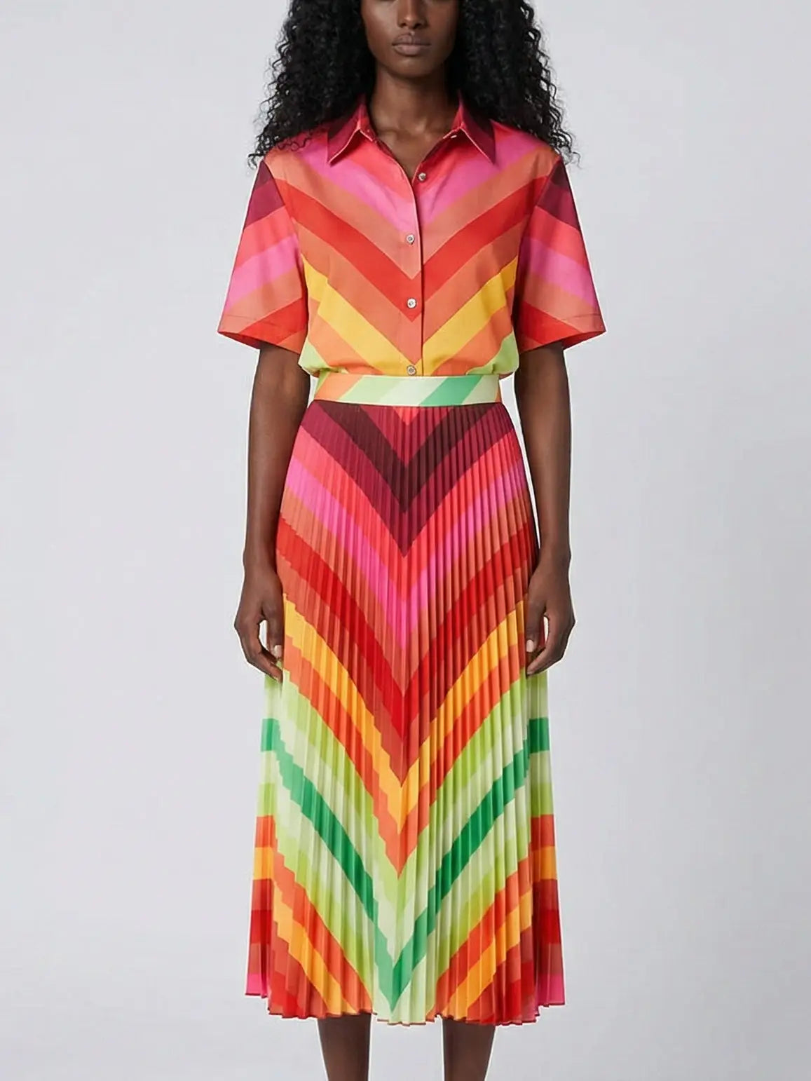 Multicolor Chevron Top & Pleated Skirt Set - Suits & Sets