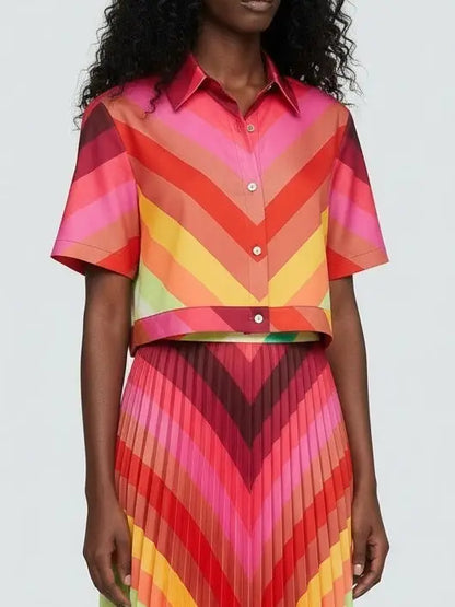 Multicolor Chevron Top & Pleated Skirt Set - Suits & Sets