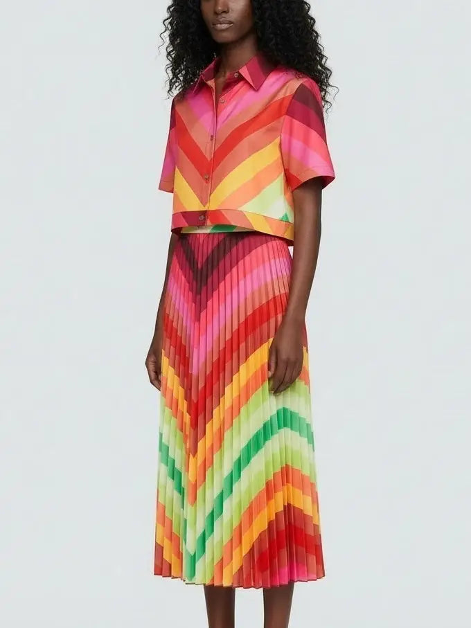 Multicolor Chevron Top & Pleated Skirt Set - Suits & Sets